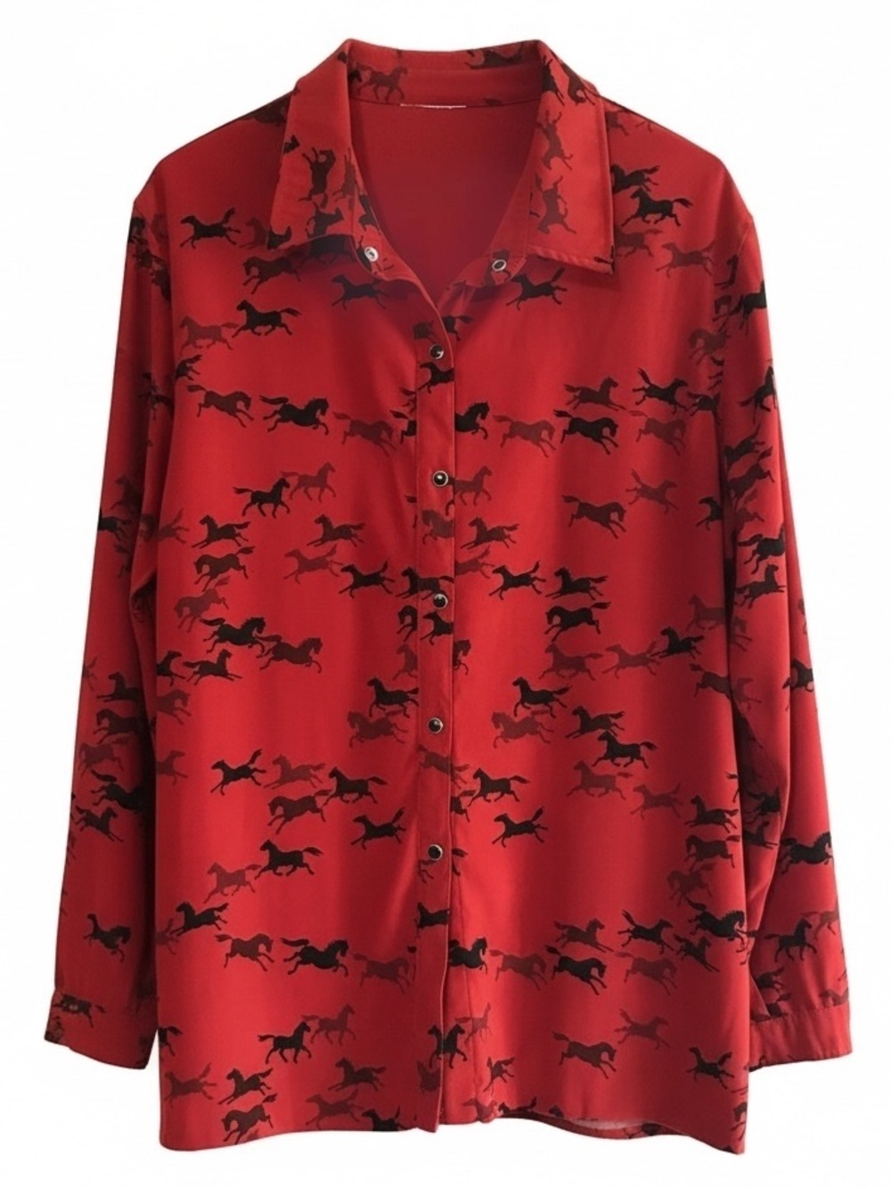 HALSTON Vintage Y2K Equestrian Rust Red Western Horse Print Snap Button Shirt XL